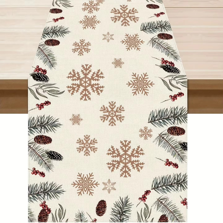 VIKAMA Tischläufer im skandinavischen Stil mit Schneeflocken, Kiefernhöfen und Beeren aus Baumwollleinen für deine Weihnachtsdekoration, B/H: 90 x 33 cm - Bild 5