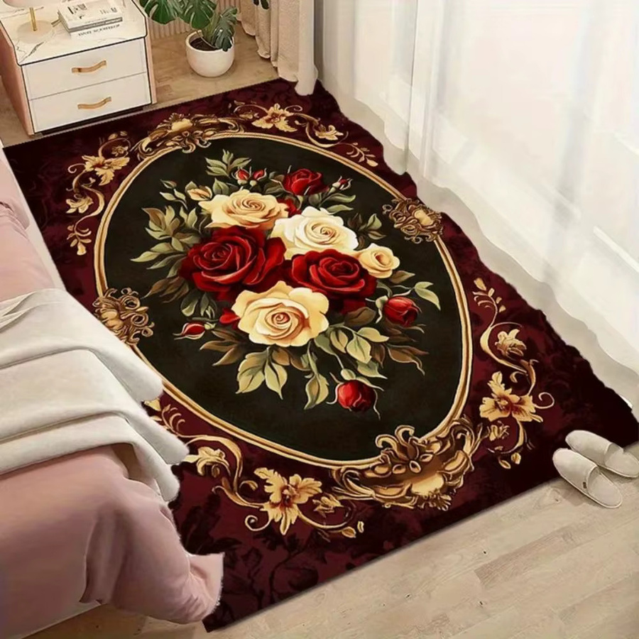 VIKAMA Vintage-Blumenteppich mit rotem und weißem Rosenmuster, rutschfeste Matte für Wohnzimmer, Schlafzimmer und Eingangsbereich - Bild 3