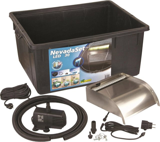 Ubbink Nevada 30 LED Wasserfall-Set aus Edelstahl in Silber mit Pumpe und Cool White Beleuchtung - Bild 1