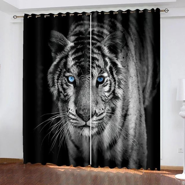 2er-Set 3D-gedruckte Fenstervorhänge mit Tier-Motiven wie Löwe, Tiger oder Wolf in Schwarz-Weiß-Grau, semi-transparent, Breite: 60 cm, Höhe: 60 cm - Bild 1