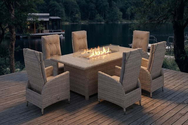 OUTFLEXX Garten-Essgruppe für 6 Personen in Beige aus Aluminium und Polyrattan mit Feuertisch, B/T: 200 x 100 cm - Bild 1