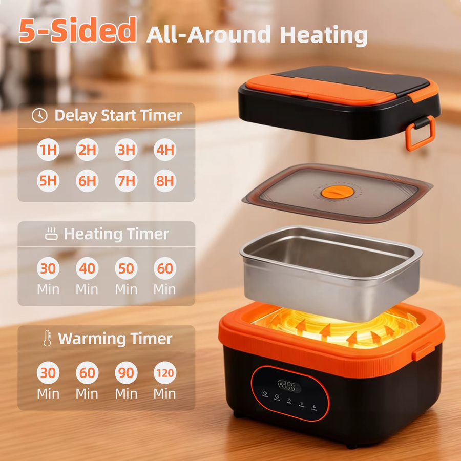 Elektrische Lunchbox von Rbefeuly mit Edelstahlschüssel, 1500 ml Speisenwärmer für Büro und Reisen, Schwarz oder Orange - Bild 2