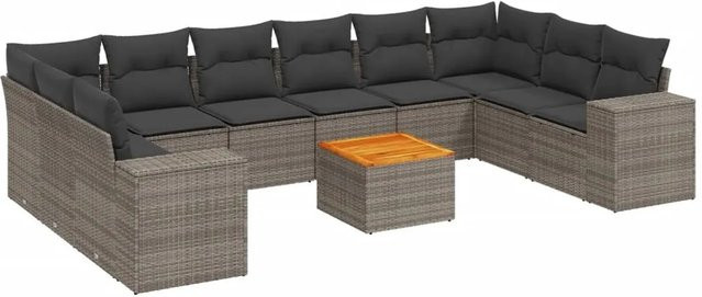 vidaXL 11-tlg Garten-Sofagarnitur in L-Form aus Polyrattan und Akazienholz mit grauen Kissen - Bild 1