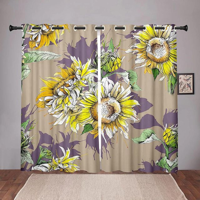 Yiran Furniture Retro Sonnenblumen Vorhänge mit Blumenmuster, halbtransparent, Mehrfarbig, B: 50 cm, H: 130 cm, 2 Stück - Bild 1