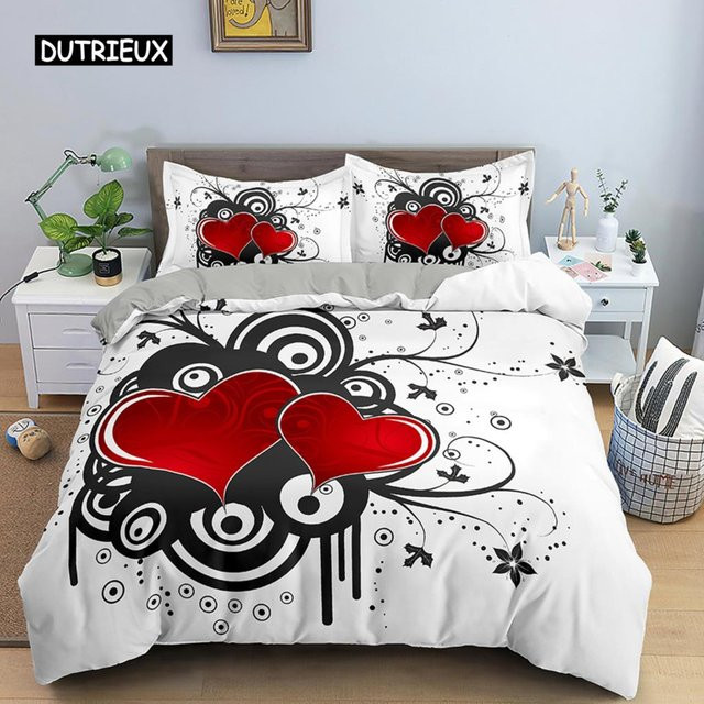 Bettwäscheset Binchi Outdoor Product aus Mikrofaser mit Rosen- und Herzmotiv in Rot und Weiß, 3-teilig, B/H: 140 x 200 cm - Bild 1