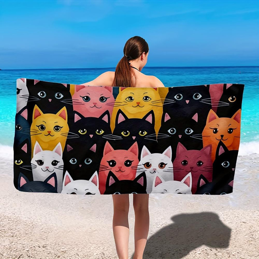 Übergroßes Mikrofaser-Strandtuch mit Katzenmotiv in Weiß und Multicolour, schnelltrocknend und leicht, Breite: 40 cm, Höhe: 60 cm - Bild 3