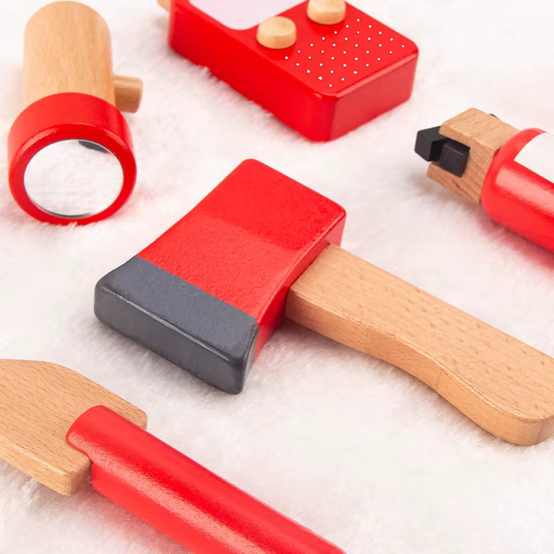 Lee's Sharing Feuerwehr Werkzeug Set aus Holz mit Taillentasche für Kinder ab 3 Jahren, Pädagogisches Rollenspiel Spielzeug in Natur und Bunt - Bild 5