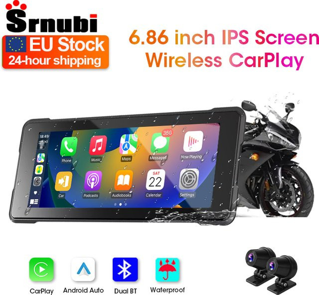 Srnubi Motorrad GPS Navigation mit 6,86 Zoll Bildschirm, Wasserdichtes Android Auto und Wireless CarPlay Display in Schwarz - Bild 1