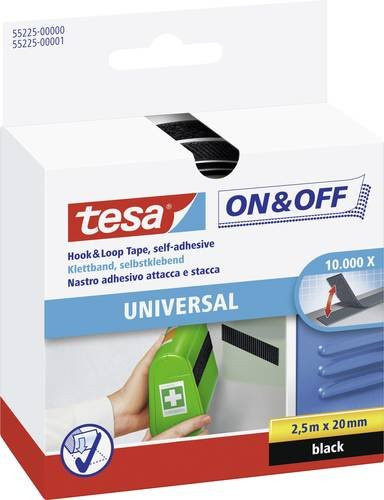 TESA On & Off 55225-00-01 Klettband zum Aufkleben mit Haft- und Flauschteil, Schwarz, Länge: 2500 mm, Breite: 20 mm - Bild 1