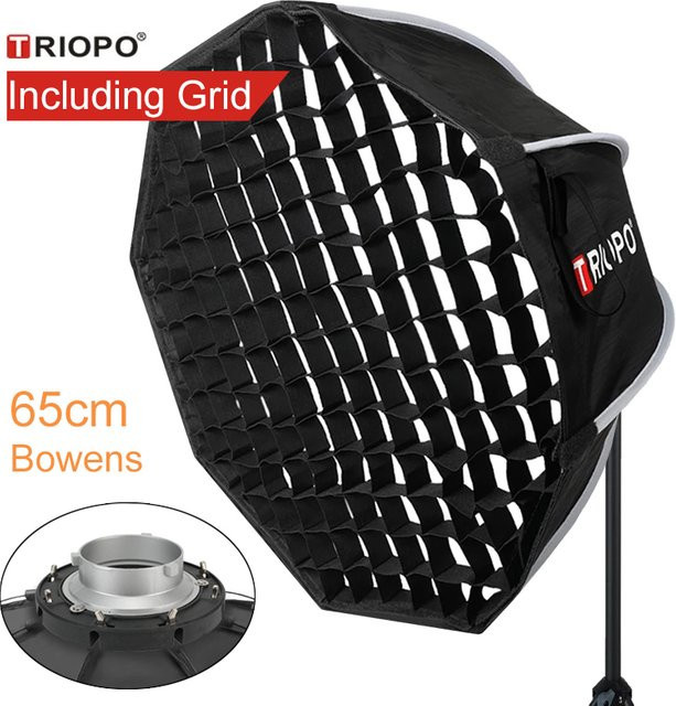 Triopo Softbox mit Wabengitter für Bowens-Montage, achteckige Softbox für Foto und Video in Schwarz, Durchmesser: 65 cm - Bild 1
