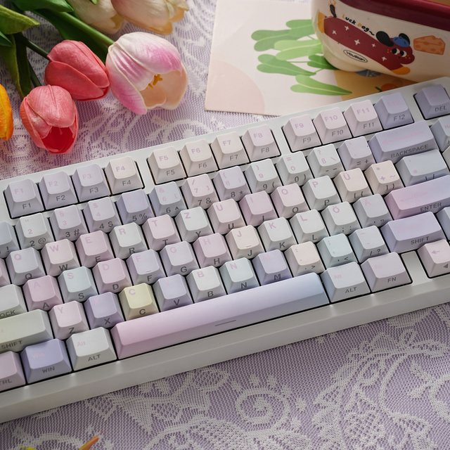 Jaycomia PBT-Tastenkappen im Cherry-Profil mit QWERTZ-Layout und Farbstoffunterlegung für mechanische Tastaturen, Mehrfarbig mit Seitenbeschriftung und Farbverlauf - Bild 1