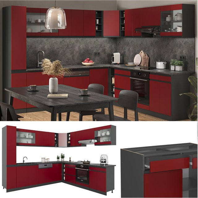 Vicco R-Line Eckküche J-Shape Einbauküche in Anthrazit und Rot, moderne Küchenschränke aus Spanplatte, B/T/H: 277 x 257 x 85 cm - Bild 1