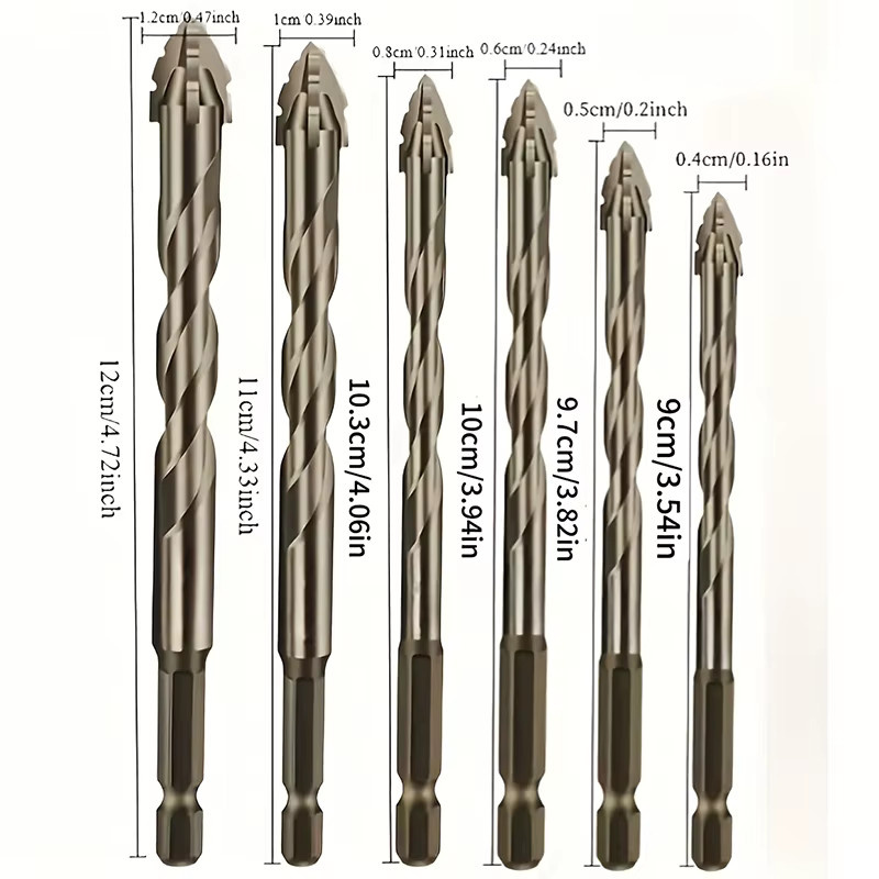 6er Set Multifunktions Bohrer mit Vierkant-Zahnung für Glas, Fliesen, Metall und Beton, Farben: Braun und Silber, Durchmesser: 4-12 mm - Bild 2