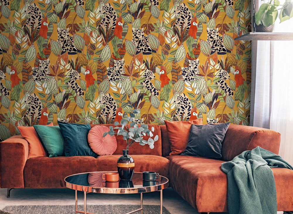 Jannelli & Volpi Tapete Giungla in Gelb und Multicolour mit Natur- und Tiermotiven im Boho-Stil - Bild 1
