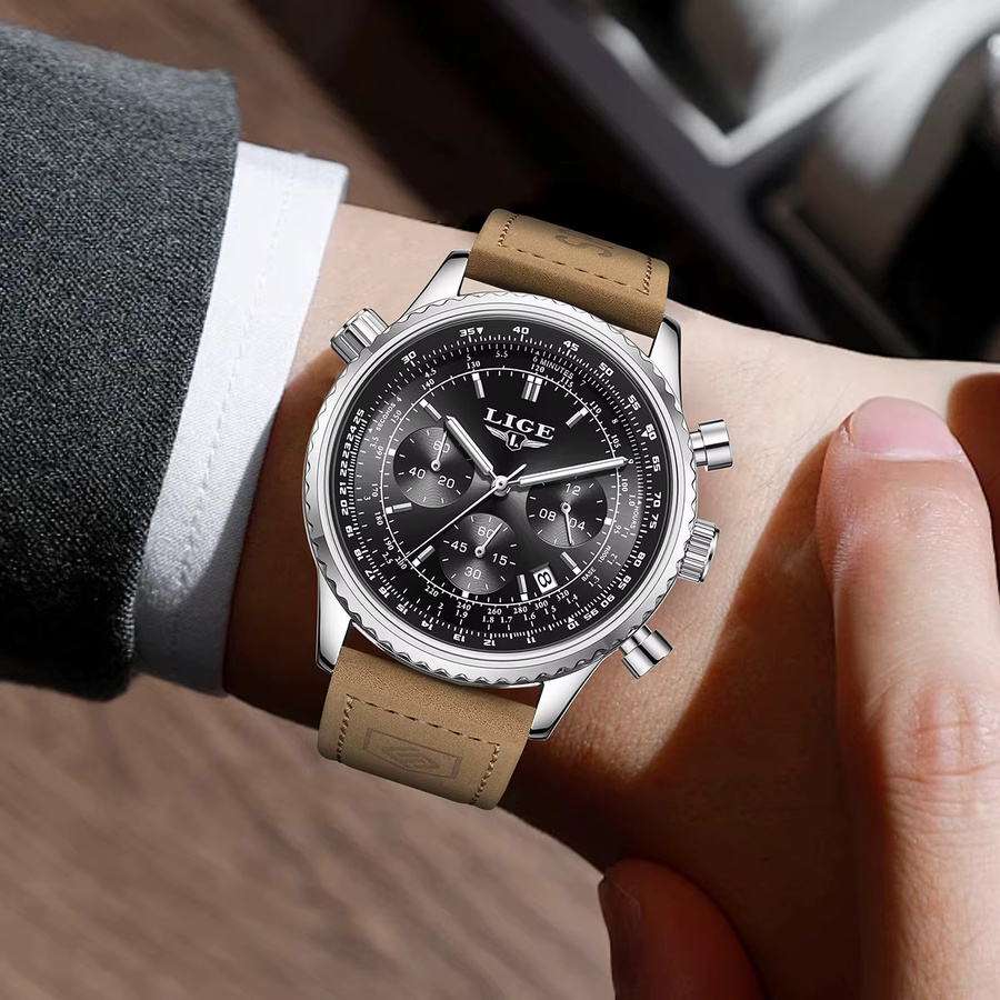 LIGE Armbanduhr Quarz, Leder, Schwarz, Herren - Bild 5