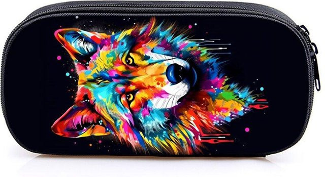 Fancy Style Studio Federmäppchen mit Wolf und Rennsport Motiv, flaches 2D Cartoon Stifteetui aus Polyester, Mehrfarbig - Bild 1