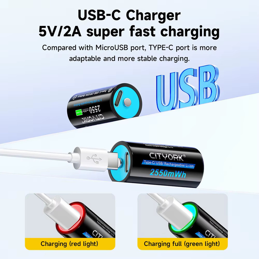 CITYORK CR123A 3,7V Li-Ionen Akku mit USB-C Anschluss, 2550mWh, Schwarz - Bild 7