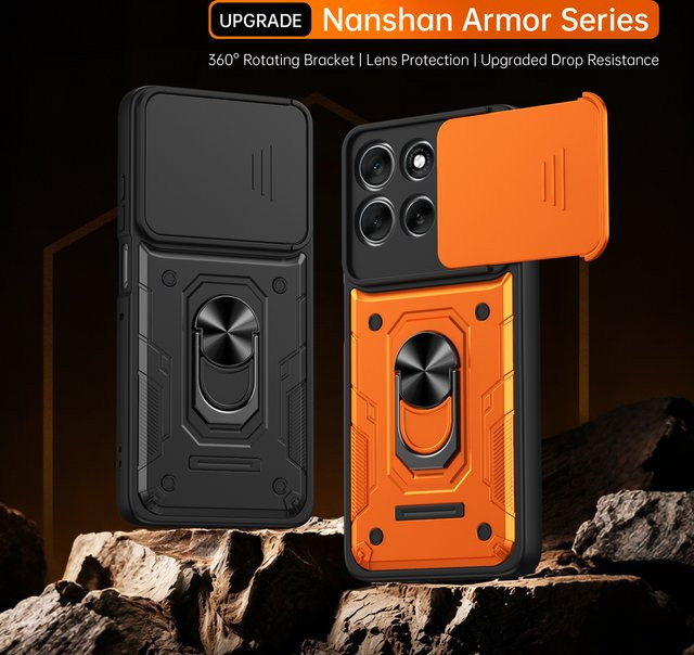 Stoßfeste Panzer-Handyhülle mit Kamera-Schutz-Schiebehülle und Magnetring-Ständer für Motorola Edge 70 60 50 Fusion Ultra sowie Moto G86 G85 G67 in Orange - Bild 1