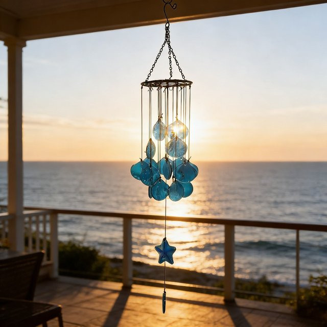 Dekoratives Buntglas-Muschel-Windspiel in Blau und Multicolour als maritimes Hängeornament für Garten und Terrasse - Bild 1