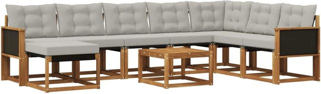 vidaXL Outdoor-Sofagarnitur L-Form aus massivem Akazienholz mit 9 Kissen in Natur und Hellgrau - Bild 1
