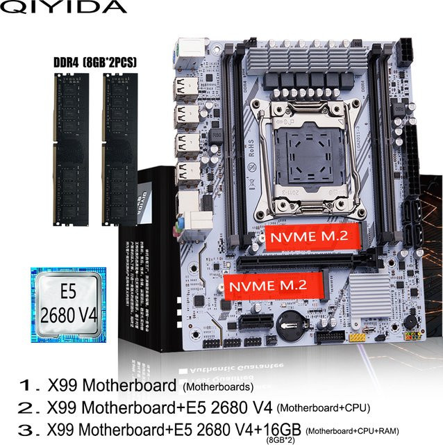 QIYIDA X99 Motherboard Set mit Xeon E5 2680 V4 Prozessor und 16GB DDR4 RAM, LGA2011-3, NVMe M.2 und USB-C für Gaming Computer - Bild 1