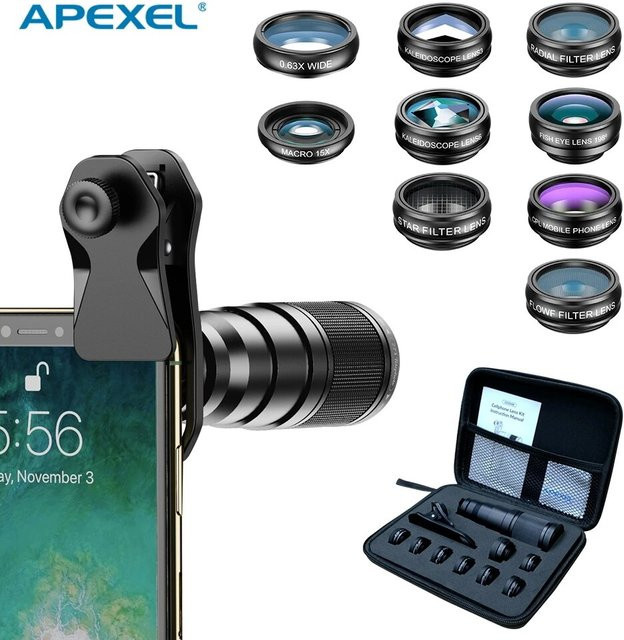 Apexel 10 in 1 Handy-Objektiv-Kit in Schwarz mit 22x Tele, Fisheye, Weitwinkel, Makro und CPL Star-Flow-Filter für alle Smartphones - Bild 1