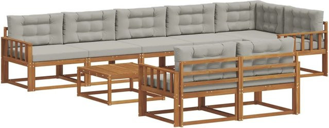 vidaXL Outdoor-Sofagarnitur 9-teilig in L-Form aus Akazienholz mit Kissen in Hellgrau - Bild 1