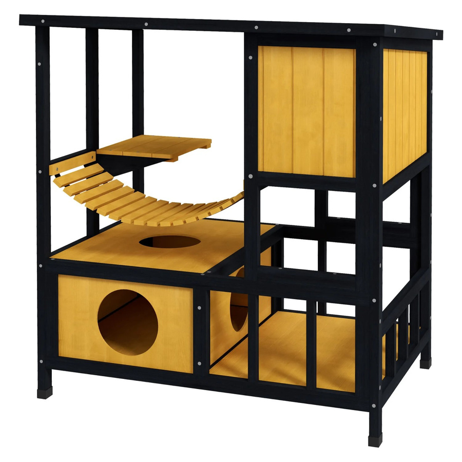 PawHut Outdoor-Katzenhaus aus Kiefernholz und Tannenholz, wetterfest mit erhöhtem Boden, Gelb-Schwarz, B: 60 cm, T: 84,5 cm, H: 88 cm - Bild 2