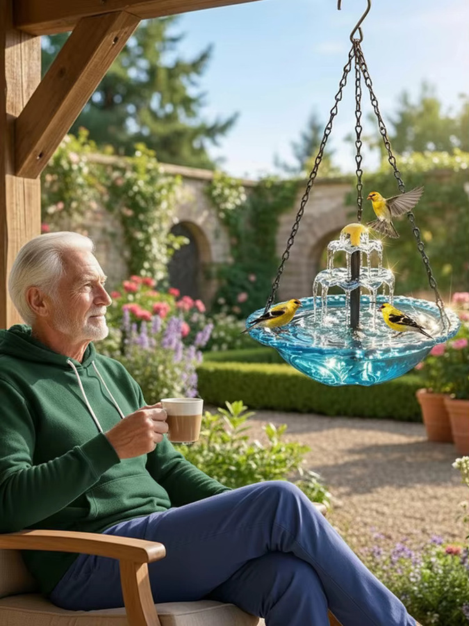 NovaSphere Solar-Vogelbadbrunnen als hängende Kaskaden-Schale mit Wasserpumpe und Kolibri-Futterspender für den Garten, rundes Glasdesign mit floralem Muster, B/T/H: 45,0 x 23,5 x 23,5 cm - Bild 5
