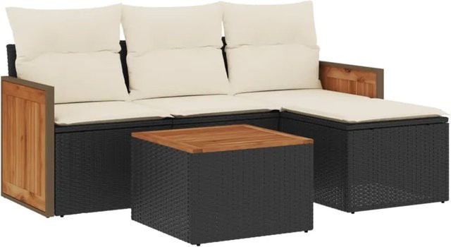 vidaXL 5-tlg Garten-Sofagarnitur aus Poly-Rattan und Akazienholz mit Kissen in Schwarz und Cremeweiß - Bild 1