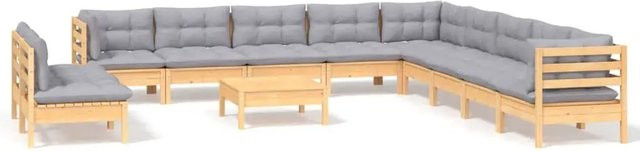 vidaXL 12-teiliges Garten-Lounge-Set aus massivem Kiefernholz mit grauen Polsterkissen in Braun-Grau - Bild 1
