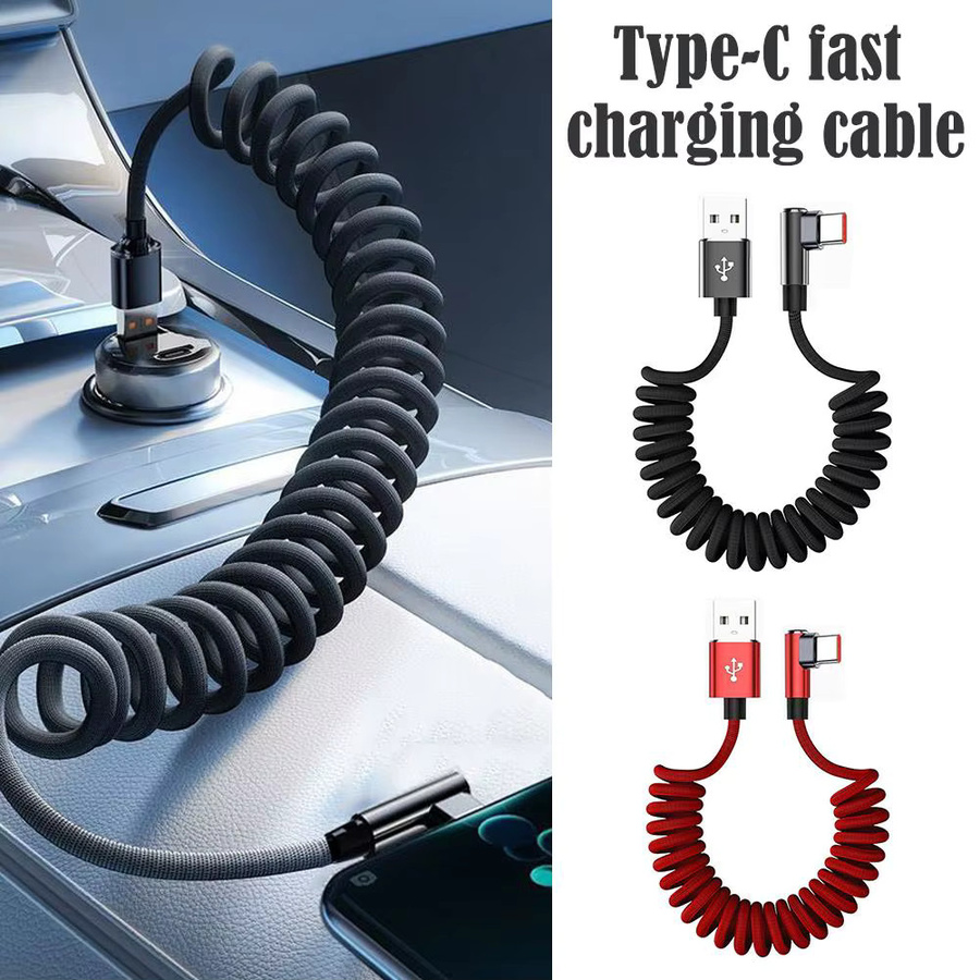 120W USB Typ-C Schnelllade-Spiralkabel in L-Form mit 90-Grad-Stecker, einziehbares Federkabel für Auto, Gaming und Mobiltelefone, Schwarz - Bild 3