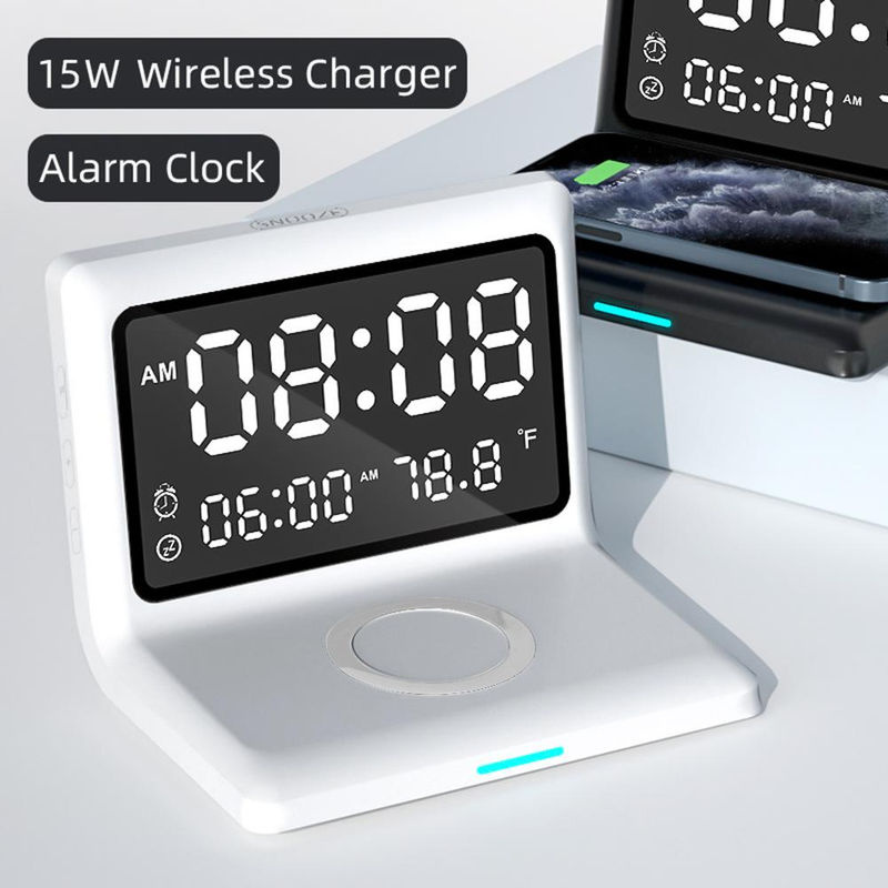 Tooarts Multifunktionale digitale Spiegeluhr mit 15 W kabellosem Ladewecker und dimmbarem Display in Schwarz - Bild 3