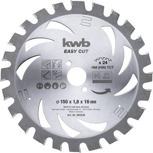 Kwb Hartmetall Kreissägeblatt für Holz, Metall und Kunststoff, Farbe: Silber, Durchmesser: 150 mm, Bohrung: 16 mm, Dicke: 1,2 mm, Zähneanzahl: 24 - Bild 1
