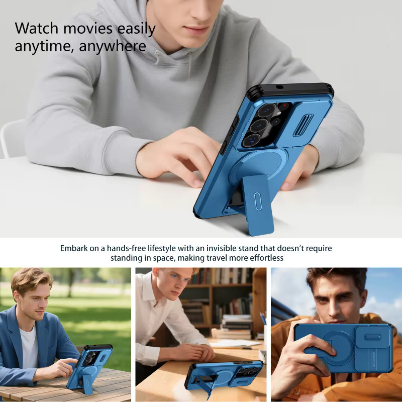 Gepanzerte magnetische Handyhülle mit Schiebefenster und Halterung für Samsung Galaxy S26 S25 Edge S24 S23 Ultra Plus in Pink oder Blau - Bild 5