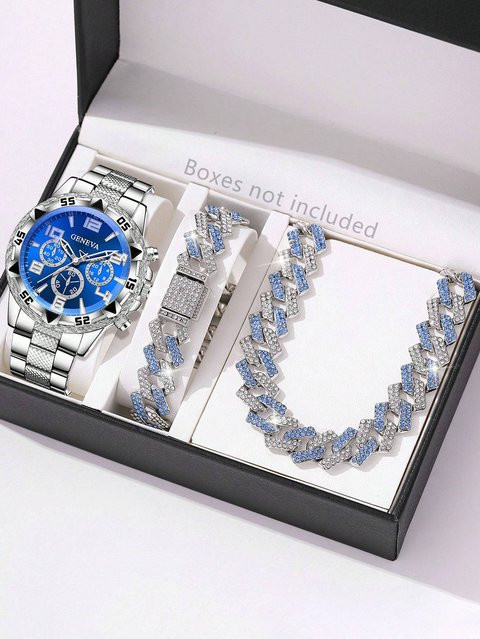 CMK Schmuck-Set, Armbanduhr und Halskette, Edelstahl, Silber, Diamant, Zirkonia, Herren - Bild 1
