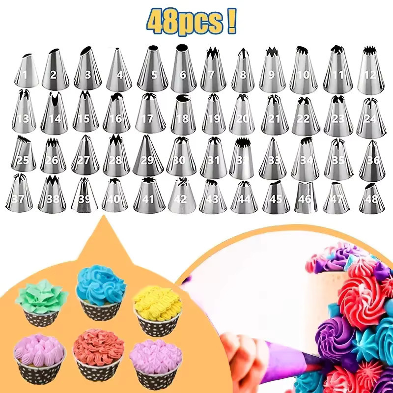 XMSJ 55-teiliges Kuchen-Spritztüllen-Set aus Edelstahl in Silber mit 48 Standard-Spitzen und 7 koreanischen Blumenspitzen für professionelle Buttercreme-Dekorationen - Bild 2