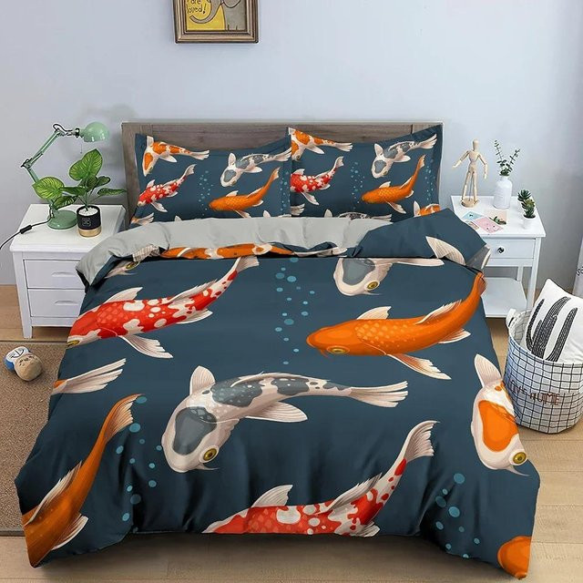 Binchi Bettwäsche Set mit 3D Koi Print in Blau, Mikrofaser, B/T/H: 135 x 200 cm oder 228 x 228 cm - Bild 1
