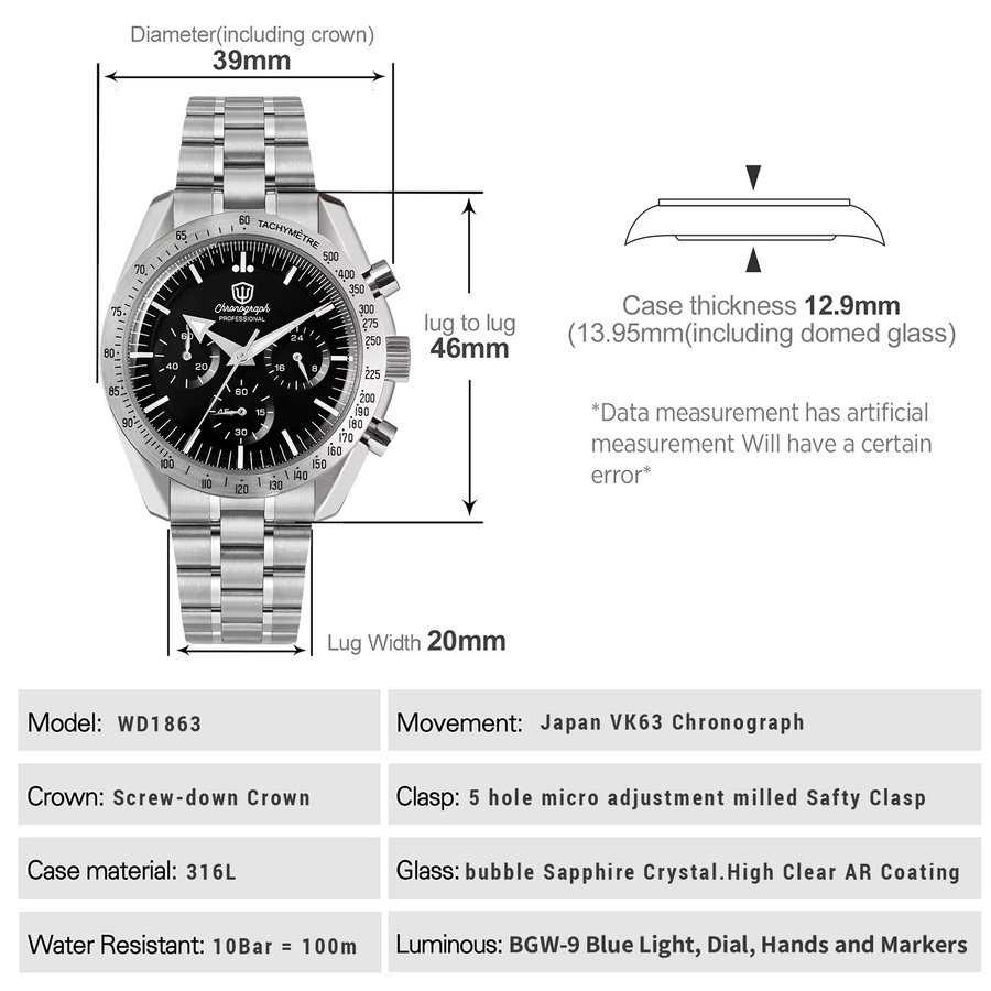 Watchdives Chronograph, Quarz, Edelstahl, Saphirglas, 39 mm, Unisex - Bild 3