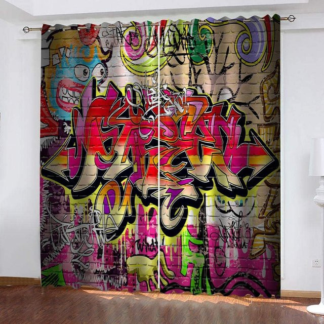 Abstrakter Graffiti Vorhang mit 3D-Digitaldruck für Wohnzimmer und Schlafzimmer, Super Six, Mehrfarbig, Breite: 170 cm, Höhe: 200 cm - Bild 1