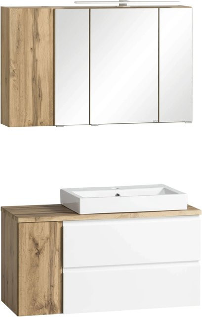 Held Möbel Waschtisch-Set Ancona 2-tlg in Matt Weiß-Wotaneiche mit Keramik-Aufsatzbecken und Spiegelschrank, Breite: 105 cm - Bild 1