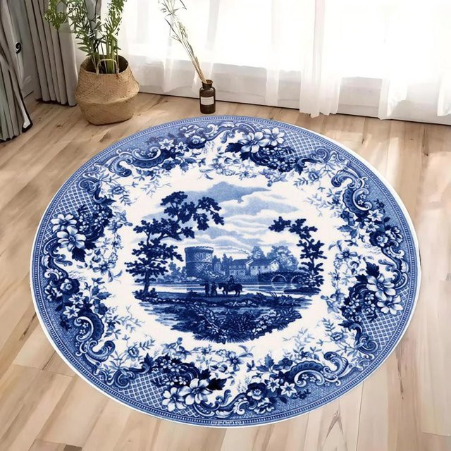 Runder Teppich Lodestar in Blau und Weiß im Vintage Porzellan Design, Boho Orient Stil, Waschbar und Rutschfest, Durchmesser: 80 cm - Bild 1