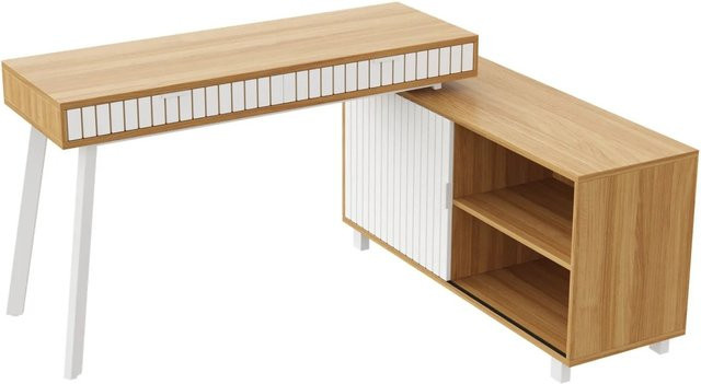 PXloue Eckschreibtisch in Holzoptik Weiß mit Schubladen für Büro und Homeoffice, B/T/H: 140 x 120 x 76,5 cm - Bild 1