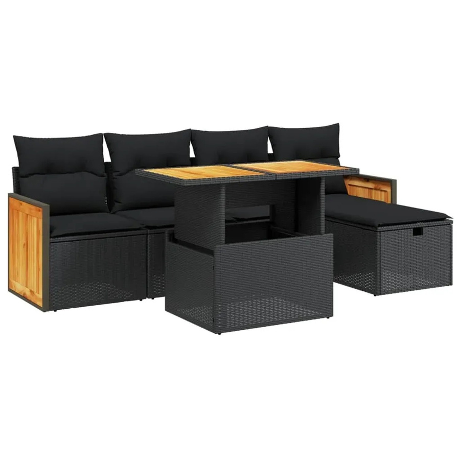 vidaXL 6-teilige Garten-Sofagarnitur aus Poly-Rattan und Akazienholz in Schwarz mit UV-beständigen Kissen - Bild 2