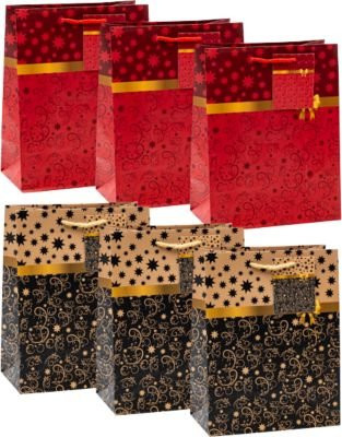 TSI Geschenktüten Set Serie 9, 6-teilig, Weihnachten, PP-Folie, Farben: Gold, Rot, Schwarz - Bild 1