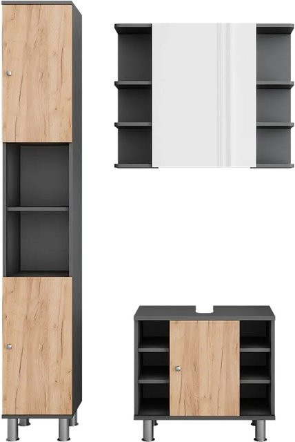 Vicco Badmöbel-Set Fynn in Anthrazit und Goldkraft Eiche, 3-teilig bestehend aus Waschtischunterschrank, Spiegelschrank mit LED-Beleuchtung und Hochschrank - Bild 1