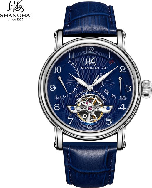 Shanghai Armbanduhr, Automatik, Edelstahl, Blau, Leder, Herren - Bild 1