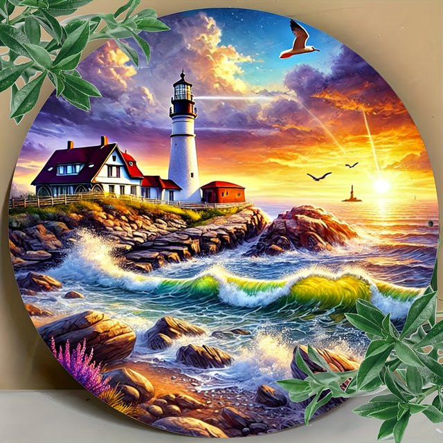 Potdemiel Rundes Metall-Wandbild mit Leuchtturm und Meer bei Sonnenuntergang, Mehrfarbig, Durchmesser: 20 cm - Bild 1
