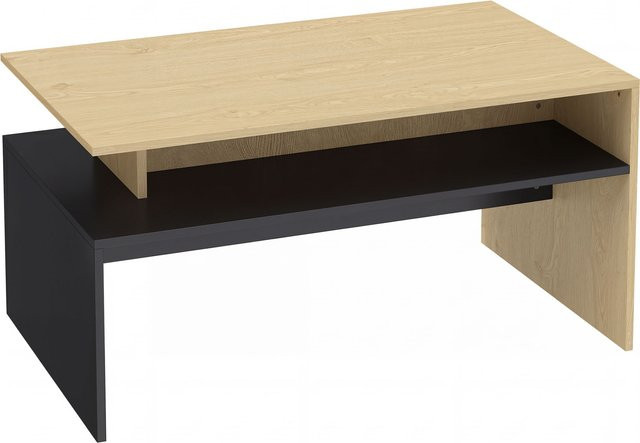 Moderner rechteckiger Couchtisch von Aosom mit versetzten Ebenen und Ablagefach in Naturholz und Schwarz, B/T/H: 95 x 55 x 50 cm - Bild 1