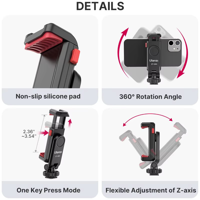 Ulanzi ST-06S Universal 360 Grad Handy Clip Halter mit 1/4 Zoll Schraube für Stativ Mount Adapter, Schwarz - Bild 4